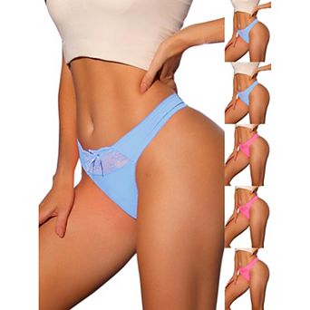 6 Packs Women's Low-Waistd Satin Bikini Panties Elastic Lace Waist Thongs Underwear