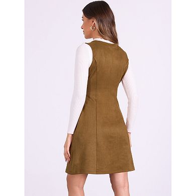 Pinafore Overall Dress for Women's Sleeveless Pockets Casual Vintage Faux Suede Dresses