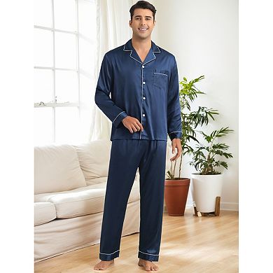 Satin Pajamas Set for Men's 2 Pieces Homewear Button Down Long Sleeve Nightshirt Casual Loungwear