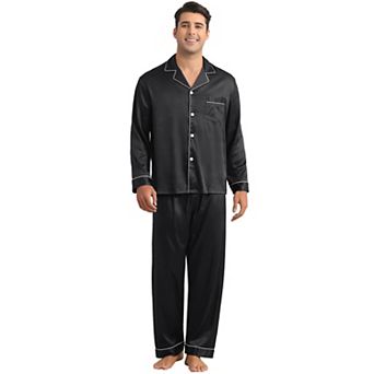 Satin Pajamas Set for Men's 2 pc Homewear Button Down Long Sleeve Nightshirt Casual Loungwear