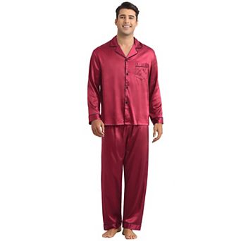 Satin Pajamas Set for Men's 2 pc Homewear Button Down Long Sleeve Nightshirt Casual Loungwear