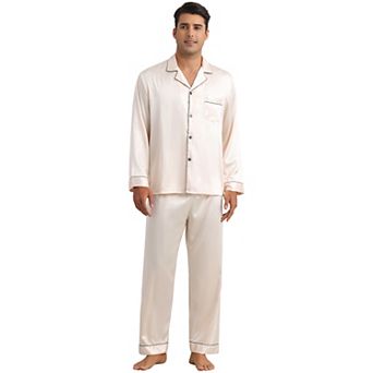 Satin Pajamas Set for Men's 2 pc Homewear Button Down Long Sleeve Nightshirt Casual Loungwear