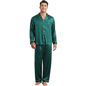 Satin Pajamas Set for Men's 2 pc Homewear Button Down Long Sleeve Nightshirt Casual Loungwear
