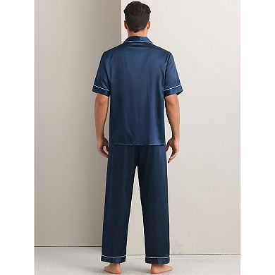 Satin Pajamas Set for Men's 2 Pieces Sleepwear Button Down Short Sleeve Sleepshirt Sleep Pants