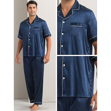 Satin Pajamas Set for Men's 2 Pieces Sleepwear Button Down Short Sleeve Sleepshirt Sleep Pants