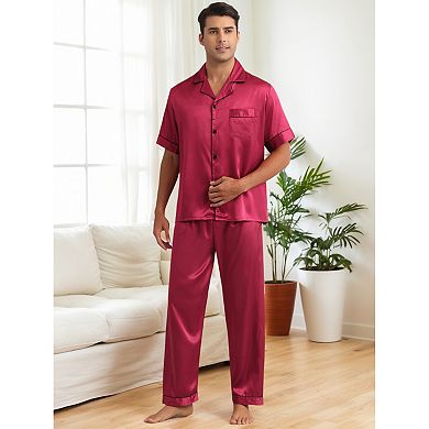 Satin Pajamas Set for Men's 2 Pieces Sleepwear Button Down Short Sleeve Sleepshirt Sleep Pants