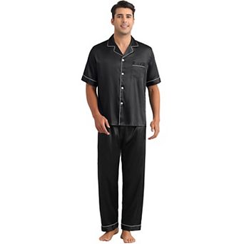 Satin Pajamas Set for Men's 2 pc Sleepwear Button Down Short Sleeve Sleepshirt Sleep Pants