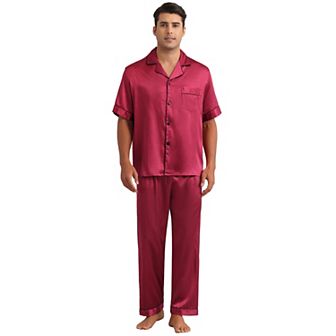 Satin Pajamas Set for Men's 2 pc Sleepwear Button Down Short Sleeve Sleepshirt Sleep Pants