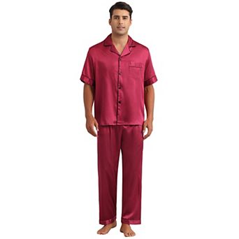 Satin Pajamas Set for Men's 2 pc Sleepwear Button Down Short Sleeve Sleepshirt Sleep Pants