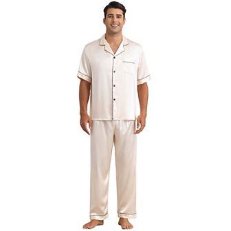 Satin Pajamas Set for Men's 2 pc Sleepwear Button Down Short Sleeve Sleepshirt Sleep Pants