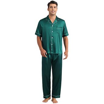 Satin Pajamas Set for Men's 2 pc Sleepwear Button Down Short Sleeve Sleepshirt Sleep Pants