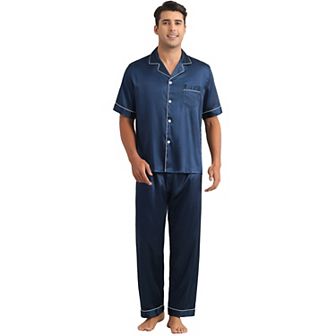 Satin Pajamas Set for Men's 2 pc Sleepwear Button Down Short Sleeve Sleepshirt Sleep Pants
