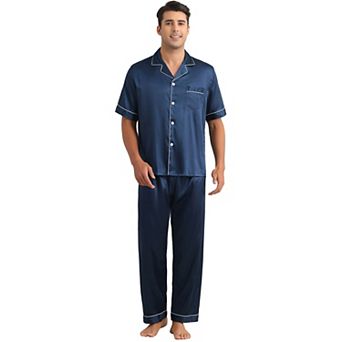 Satin Pajamas Set for Men's 2 pc Sleepwear Button Down Short Sleeve Sleepshirt Sleep Pants