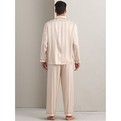 Men's 2 Pieces Satin Long Sleeve Striped Button Down Casual Pajamas Set