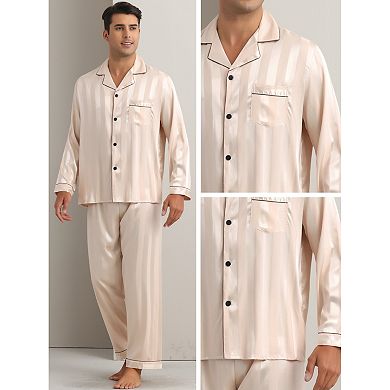 Men's 2 Pieces Satin Long Sleeve Striped Button Down Casual Pajamas Set