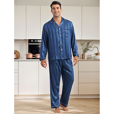 Men's 2 Pieces Satin Long Sleeve Striped Button Down Casual Pajamas Set