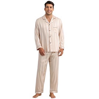 Men's 2 pc Satin Long Sleeve Striped Button Down Casual Pajamas Set