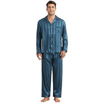 Men's 2 pc Satin Long Sleeve Striped Button Down Casual Pajamas Set