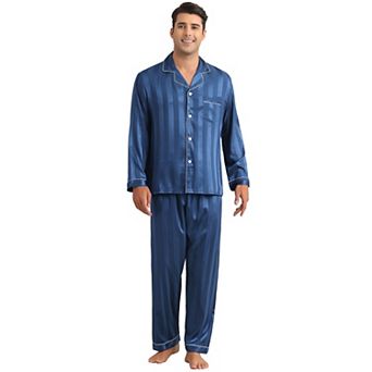 Men's 2 pc Satin Long Sleeve Striped Button Down Casual Pajamas Set
