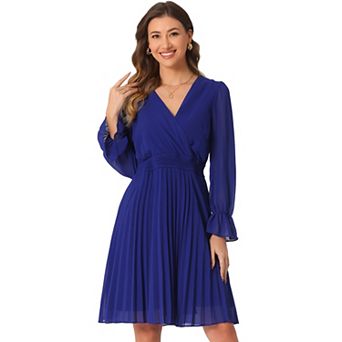 Pleated Dress for Women's Smocked V Neck Long Sleeve Dress