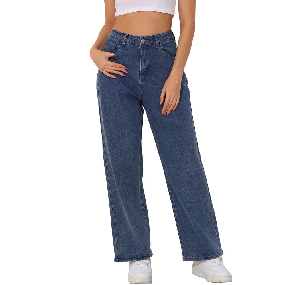 Cotton Denim Adjustable Waist Women Straight Leg Folded Jeans