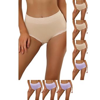 8 Packs Women's Cotton Underwear High-Waist Lace Trim Tummy Control Full Coverage Brief