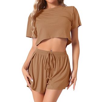 Women's Short Sleeve Pajama Sets Rib Knit Side Slits Shorts 2 pc Lounge Sets