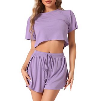 Women's Short Sleeve Pajama Sets Rib Knit Side Slits Shorts 2 pc Lounge Sets