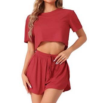 Women's Short Sleeve Pajama Sets Rib Knit Side Slits Shorts 2 pc Lounge Sets