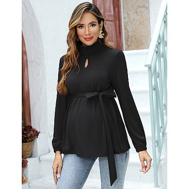 Womens Sweaters Shirred Neck Maternity Tops Maternity Work Blouse Belted Pregnancy Tunic