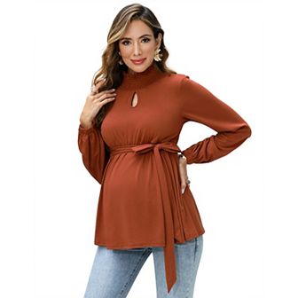 Womens Sweaters Shirred Neck Maternity Tops Maternity Work Blouse Belted Pregnancy Tunic