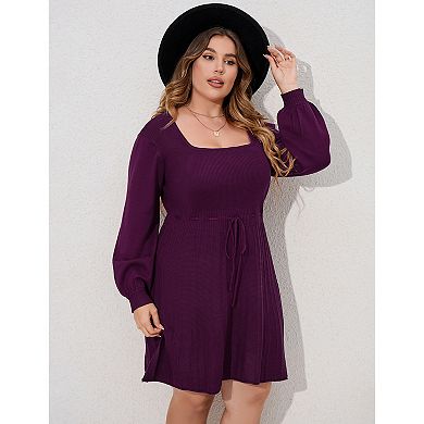 Women‘s Plus Size Elegant Square Neck Sweater Dress Midi Casual Tie Waist Dress