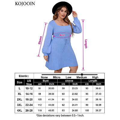 Women's Plus Size Sweater Dress - Square Neck, Lantern Sleeves, Tie Waist Pullover Dress In Blue, Sizes 1X-4X