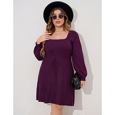 Women‘s Plus Size Elegant Square Neck Sweater Dress Midi Casual Tie Waist Dress