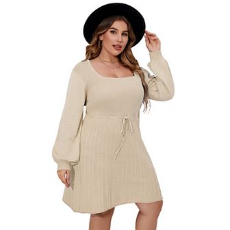 Women‘s Plus Size Elegant Square Neck Sweater Dress Midi Casual Tie Waist Dress