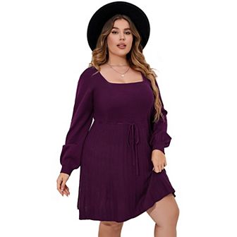 Women‘s Plus Size Elegant Square Neck Sweater Dress Midi Casual Tie Waist Dress