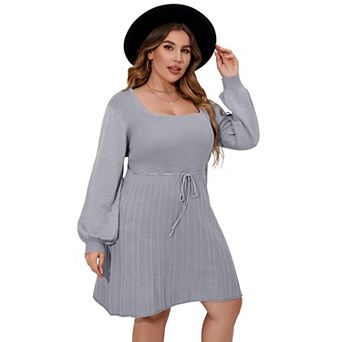 Women‘s Plus Size Elegant Square Neck Sweater Dress Midi Casual Tie Waist Dress