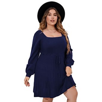 Women‘s Plus Size Elegant Square Neck Sweater Dress Midi Casual Tie Waist Dress