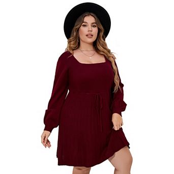 Women‘s Plus Size Elegant Square Neck Sweater Dress Midi Casual Tie Waist Dress