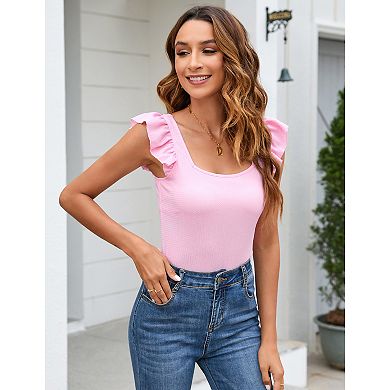 Womens Ruffle Short Sleeve Bodysuit Square Neck Jumpsuits Elastic Ribbed Tops
