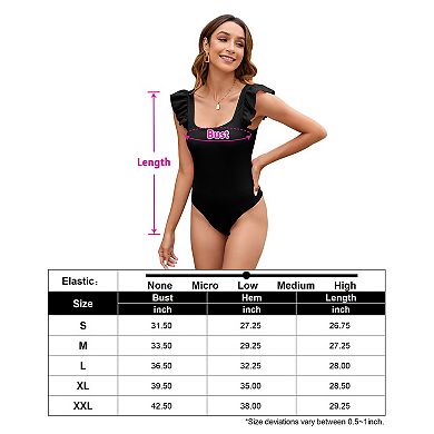 Womens Ruffle Short Sleeve Bodysuit Square Neck Jumpsuits Elastic Ribbed Tops