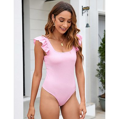 Womens Ruffle Short Sleeve Bodysuit Square Neck Jumpsuits Elastic Ribbed Tops