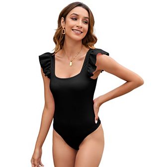Womens Ruffle Short Sleeve Bodysuit Square Neck Jumpsuits Elastic Ribbed Tops