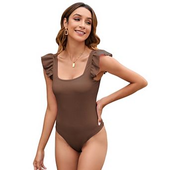 Womens Ruffle Short Sleeve Bodysuit Square Neck Jumpsuits Elastic Ribbed Tops