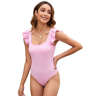 Womens Ruffle Short Sleeve Bodysuit Square Neck Jumpsuits Elastic Ribbed Tops