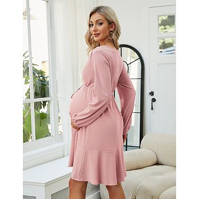 Women's Maternity Dress Long Sleeve Wrap Ribbed Drawstring Nursing Dress Ruffle Hem Lounge Dresses