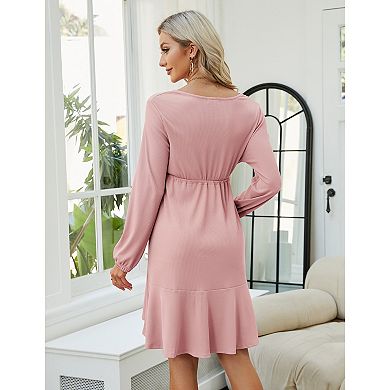 Women's Maternity Dress Long Sleeve Wrap Ribbed Drawstring Nursing Dress Ruffle Hem Lounge Dresses