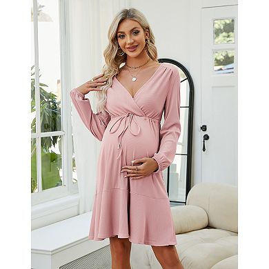 Women's Maternity Dress Long Sleeve Wrap Ribbed Drawstring Nursing Dress Ruffle Hem Lounge Dresses