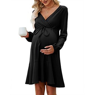 Women's Maternity Dress Long Sleeve Wrap Ribbed Drawstring Nursing Dress Ruffle Hem Lounge Dresses