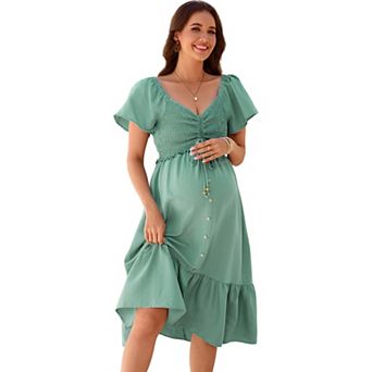 Women's Maternity V-Neck Flutter Sleeve Smocked Ruffle Hem Midi Dress